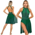 thumbnail image 1 of IEFIEL Womens Chiffon Side Split Lyrical Modern Dance Dress Backless Rhinestone Mesh Patchwork Figure Skating Dress Green L, 1 of 7