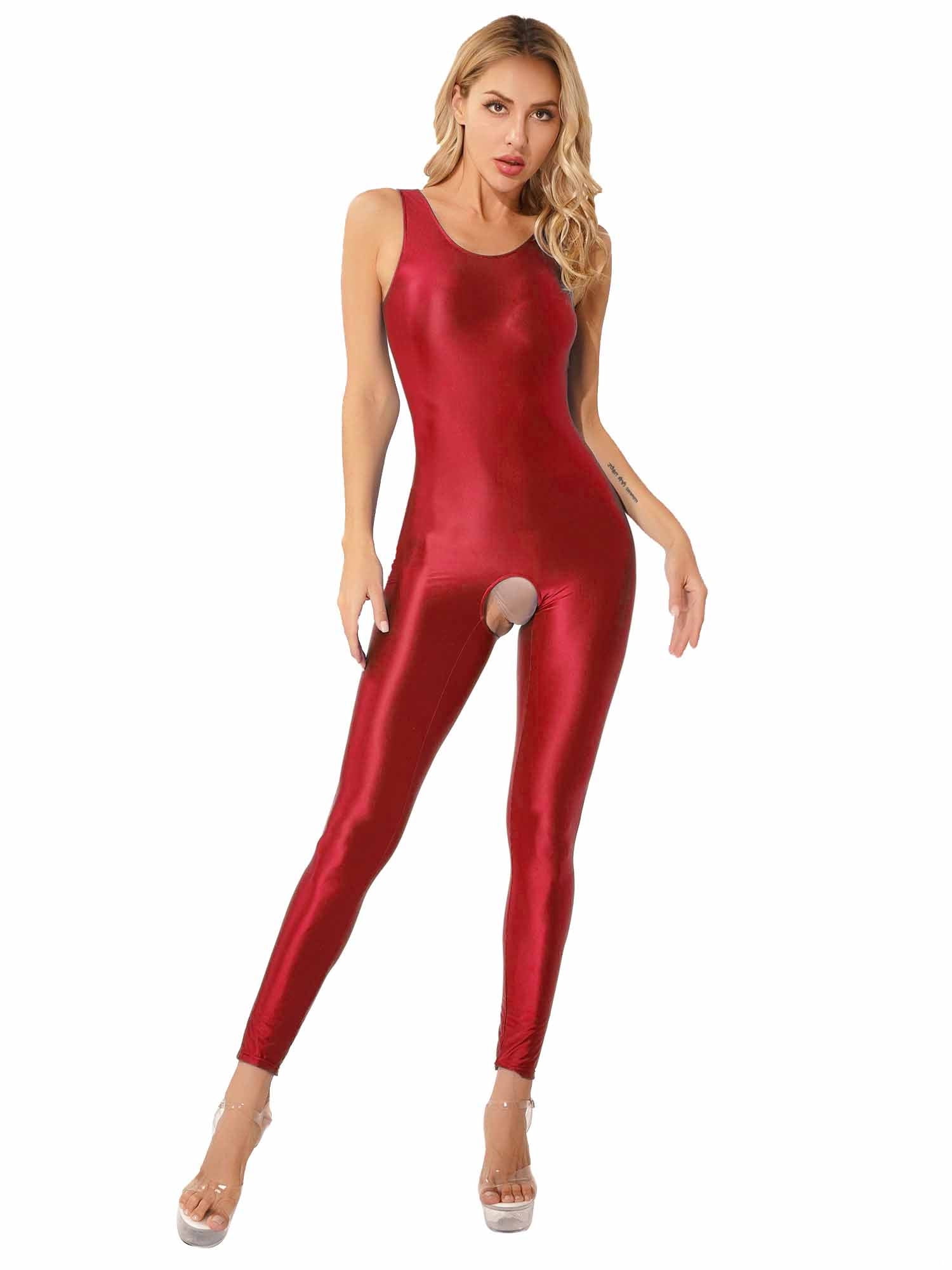 IEFIEL Womens Glossy Full Body Open Crotch Jumpsuit Tights