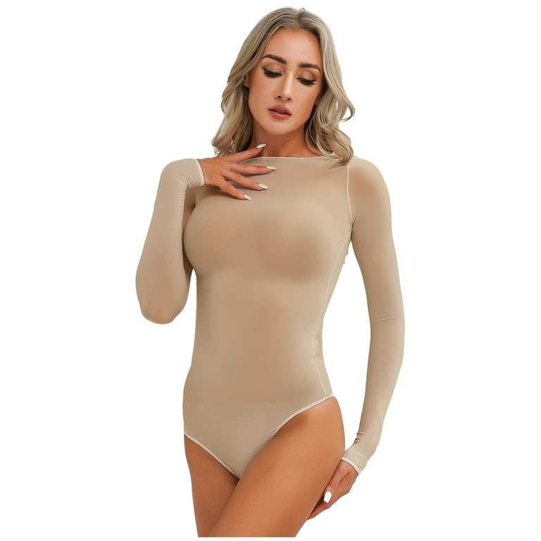 IEFIEL Womens Glossy See-Through Nylon Bodysuit Crotchless Long