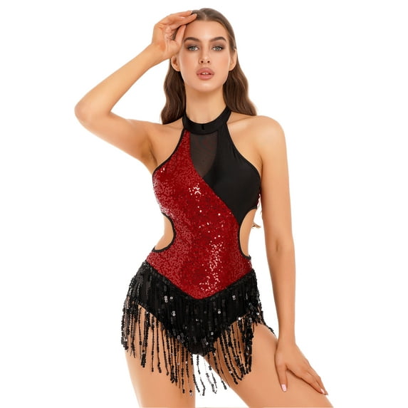 IEFIEL Womens Halter Shiny Sequins Fringe Latin Dance Leotard Bodysuit Backless Rumba Tango Dancewear A Burgundy M