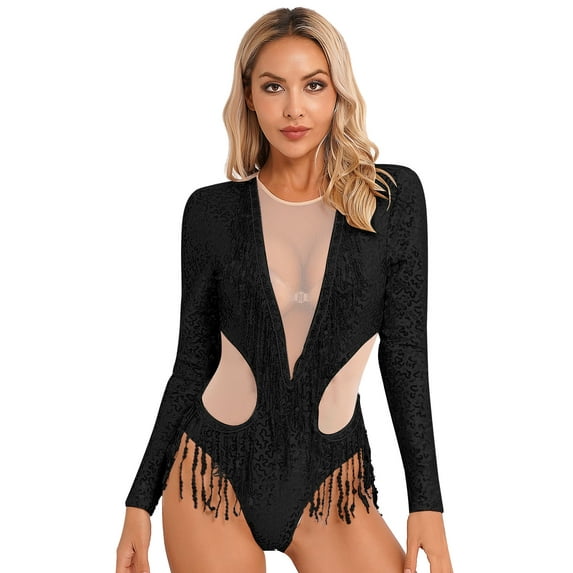 IEFIEL Womens Halter Shiny Sequins Fringe Latin Dance Leotard Bodysuit Backless Rumba Tango Dancewear Black-A L