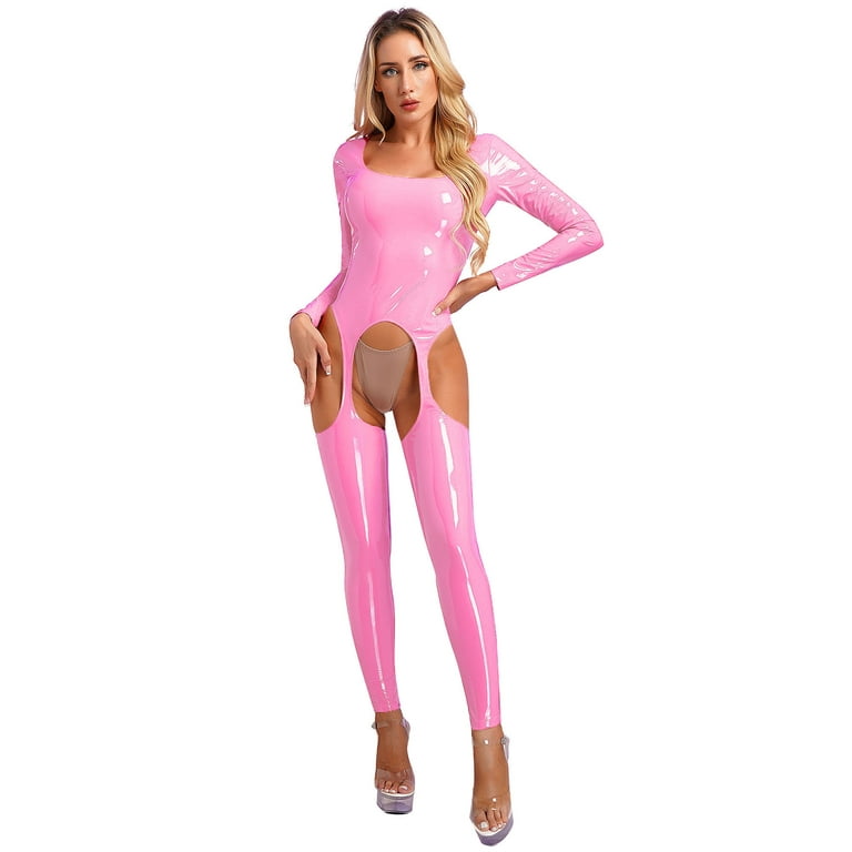IEFIEL Womens Hollow Out Latex Catsuit PVC Exotic Lingerie Full Length Open  Crotch Bodysuit Clubwear A Pink L 
