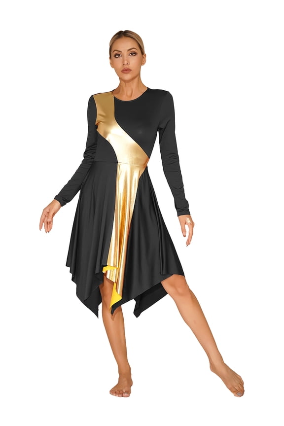 Womens Metallic Flared Dance Dress Long Sleeve Asymmetrical Worship Liturgical Praise Costume Dancewear Black XL