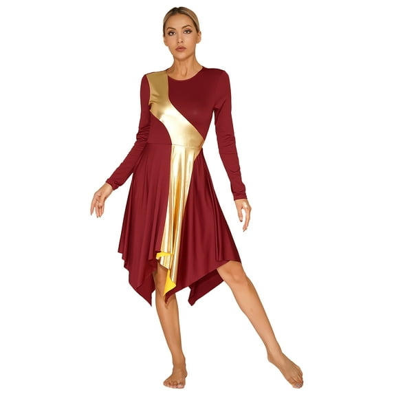 IEFIEL Womens Metallic Flared Dance Dress Long Sleeve Asymmetrical Worship Liturgical Praise Costume Dancewear Burgundy M