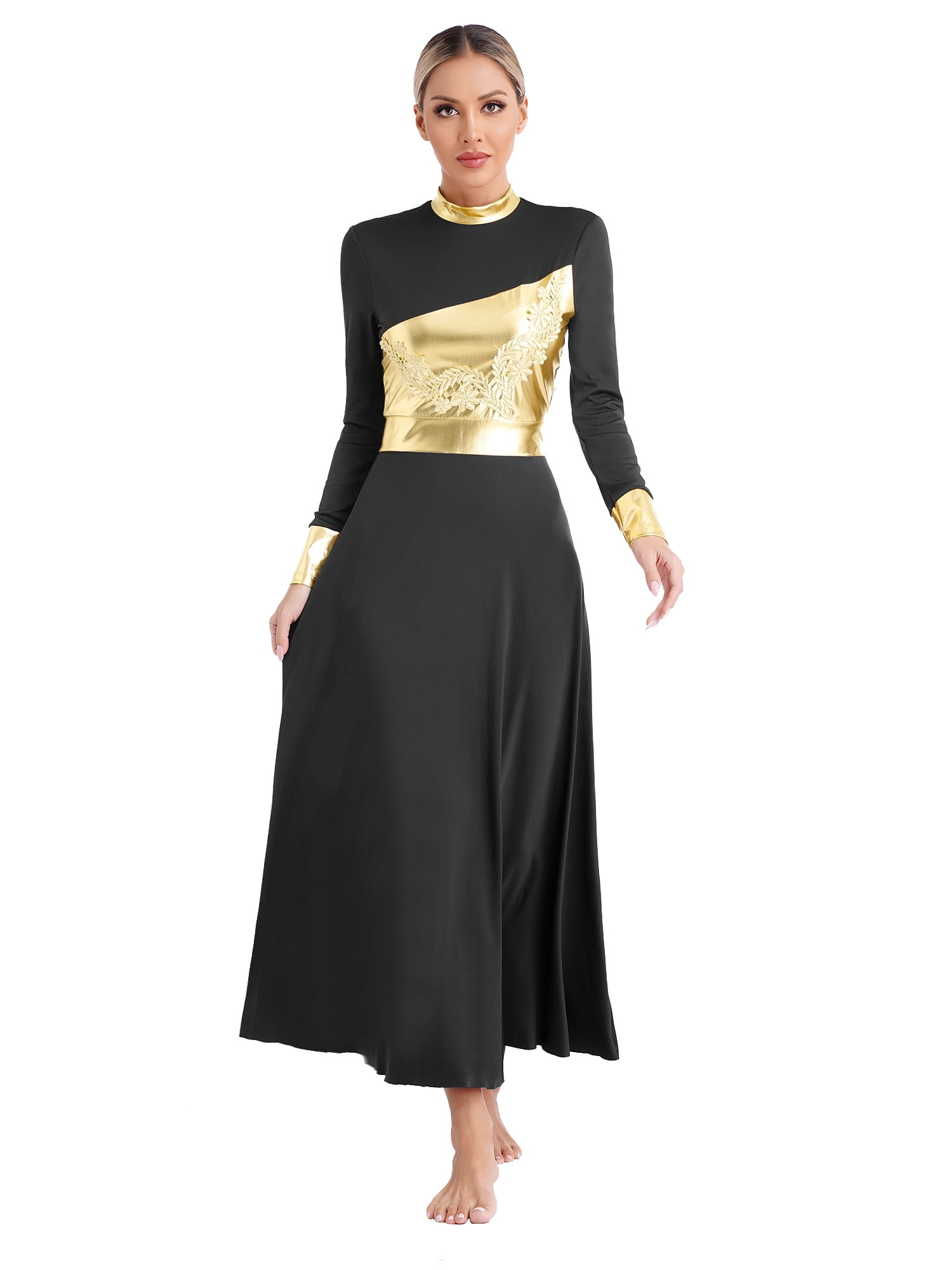 Buy Metallic Color Block Praise Dance Dresses For Women Long Sleeve - View #2