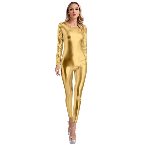 IEFIEL Womens Metallic Shiny Dance Bodysuit Long Sleeve Slim Fit Full Body Unitard Jumpsuit Clubwear Gold XXL