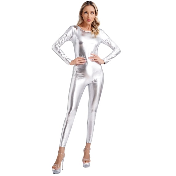 IEFIEL Womens Metallic Shiny Dance Bodysuit Long Sleeve Slim Fit Full Body Unitard Jumpsuit Clubwear Silver 3XL