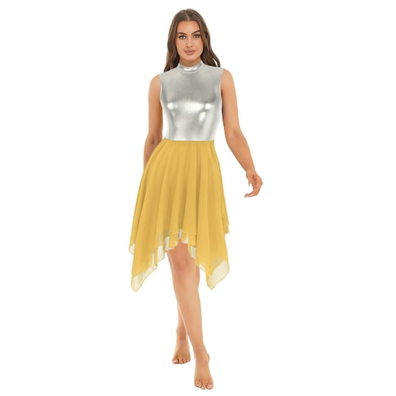 IEFIEL Womens Metallic Tunic Lyrical Dance Dress Sleeveless Irregular Hem Liturgical Worship Praise Dance Dress Yellow 3XL