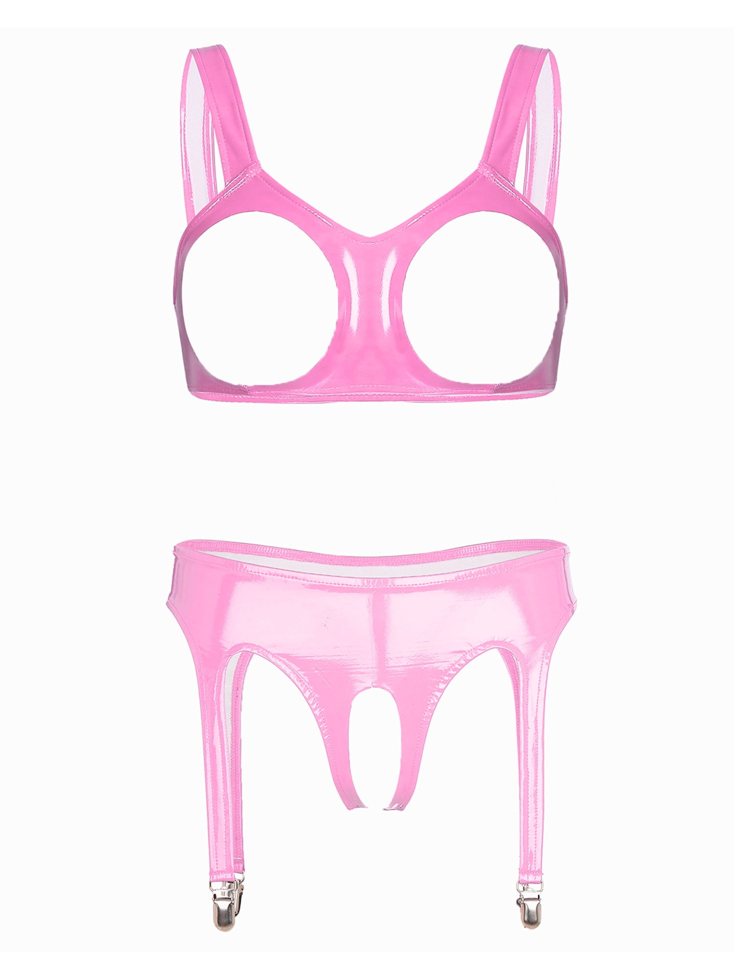 IEFIEL Womens Patent Leather Exotic Lingerie Set Open Cups Bra with ...