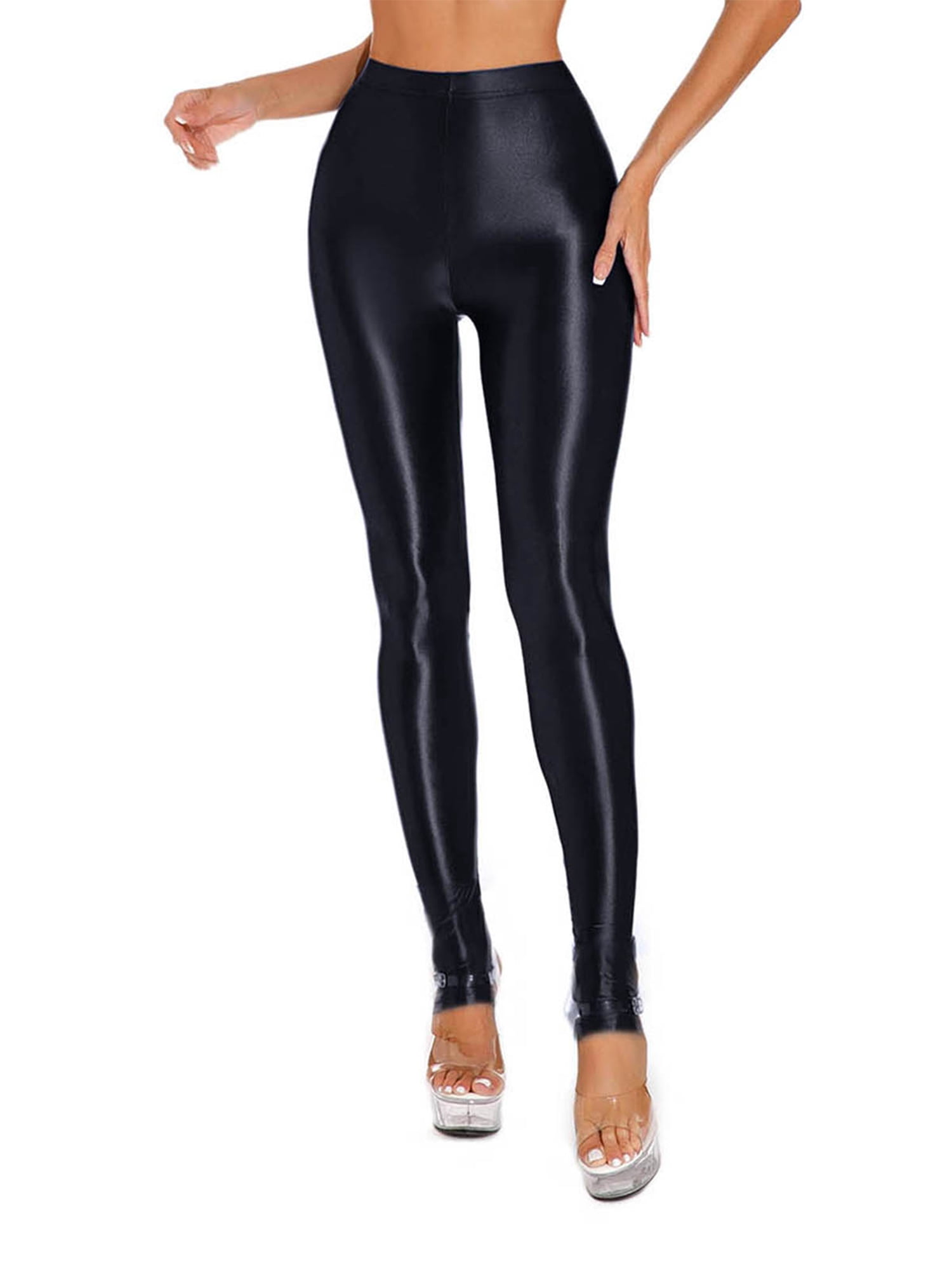 IEFIEL Womens Plus Size Oil Shiny Gym Leggings High Waist Opaque Jogging Workout Cycling Stirrup Pants Black L Walmart