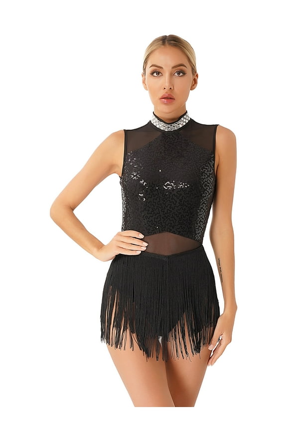 Womens Rhinestone Latin Tango Dance Dress Open Back Sleeveless Tassels Ballroom Cha Cha Dance Dress Black M