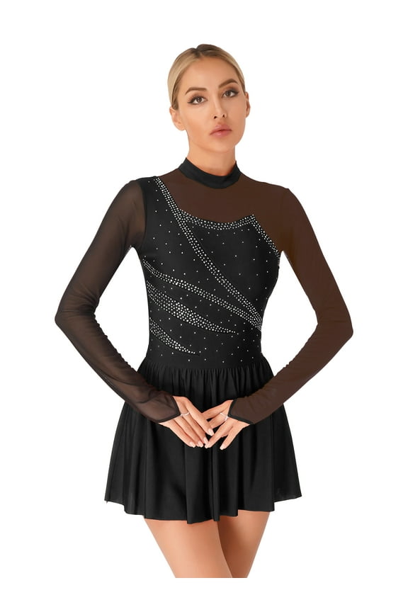Womens Rhinestones Figure Skating Dress Sheer Mesh Ballet Lyrical Dance Leotard with Finger Holes Black S