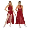 thumbnail image 1 of IEFIEL Womens Sleeveless Lyrical Dance Dress Illusion Deep V-neck Mesh Split Maxi Dress Flowy Modern Dance Leotard Burgundy XXL, 1 of 7