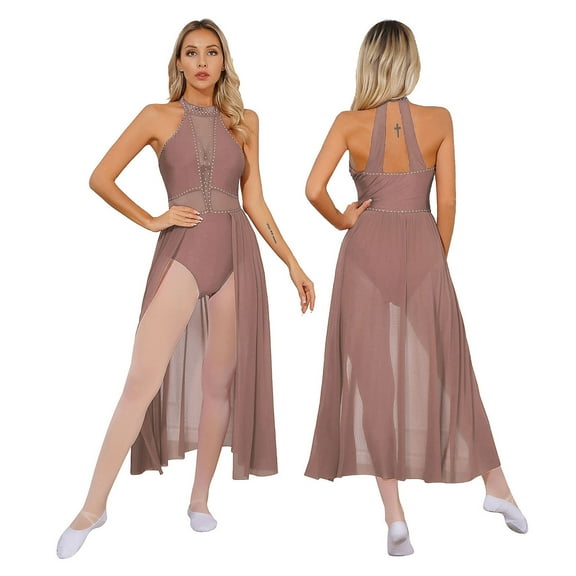IEFIEL Womens Sleeveless Lyrical Dance Dress Illusion Deep V-neck Mesh Split Maxi Dress Flowy Modern Dance Leotard Dusty Pink M