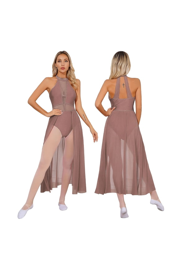 Womens Sleeveless Lyrical Dance Dress Illusion Deep V-neck Mesh Split Maxi Dress Flowy Modern Dance Leotard Dusty Pink M