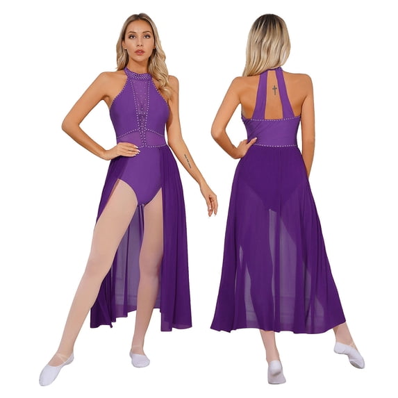 IEFIEL Womens Sleeveless Lyrical Dance Dress Illusion Deep V-neck Mesh Split Maxi Dress Flowy Modern Dance Leotard Purple L