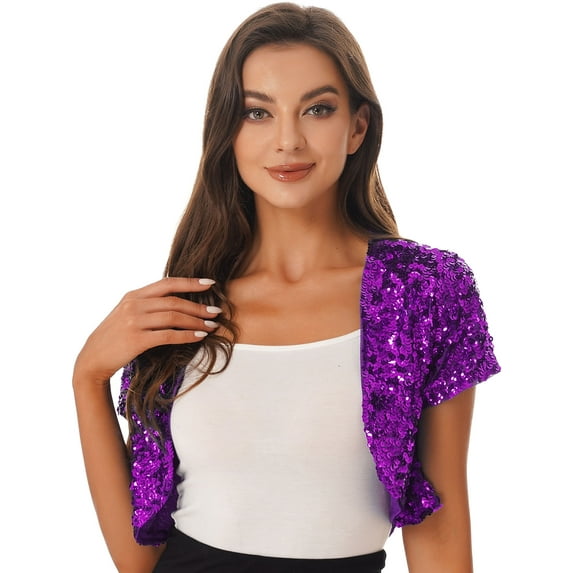 IEFIEL Womens Sparkle Sequin Jacket Glittery Cropped Bolero Short Sleeve Open Front Cardigan Purple One Size