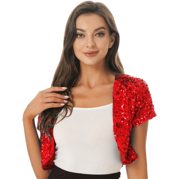 IEFIEL Womens Sparkle Sequin Jacket Glittery Cropped Bolero Short Sleeve Open Front Cardigan Red One Size