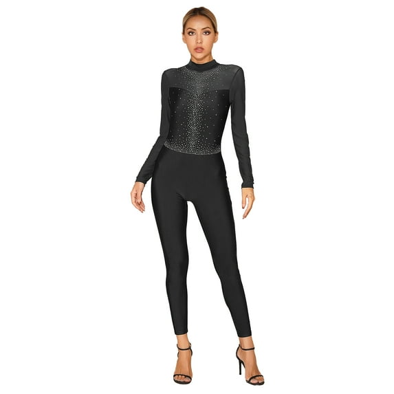 IEFIEL Womens Sparkly Rhinestone Skating Bodysuit Open Back Mesh Patchwork Full Figure Skating Jumpsuit Black M