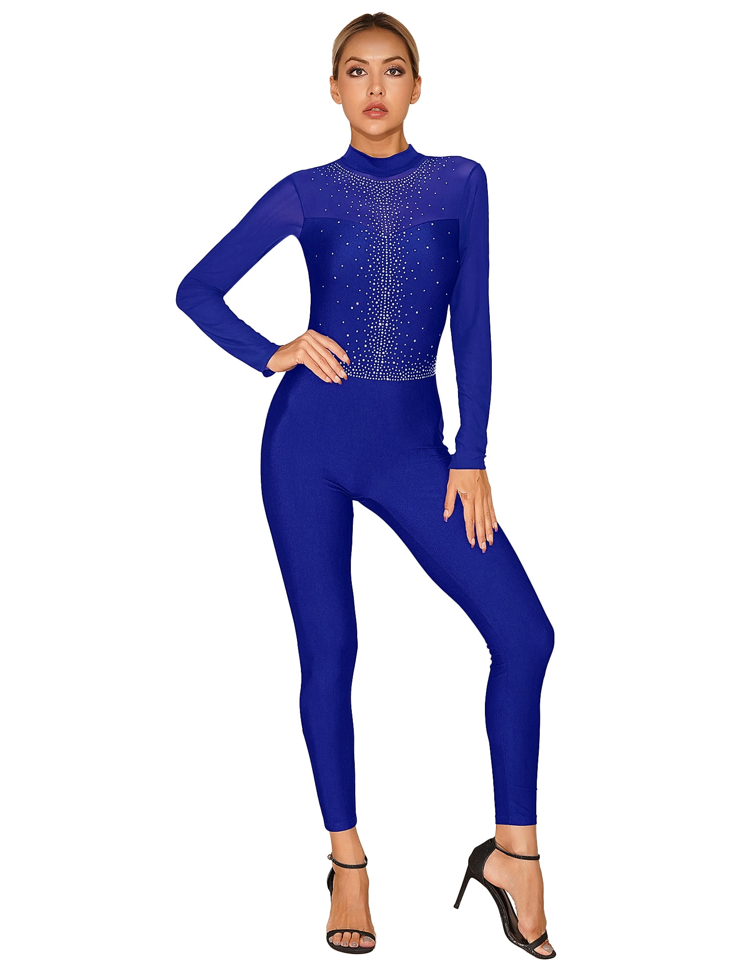 IEFIEL Womens Sparkly Rhinestone Skating Bodysuit Open Back Mesh