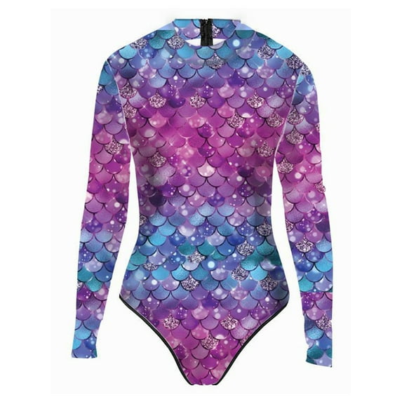 IEFIEL Womens UPF 50+ Rash Guard One-piece Swimsuit Back Half Zip Up Fish Scales Print Bathing Suit Blue&Purple XL