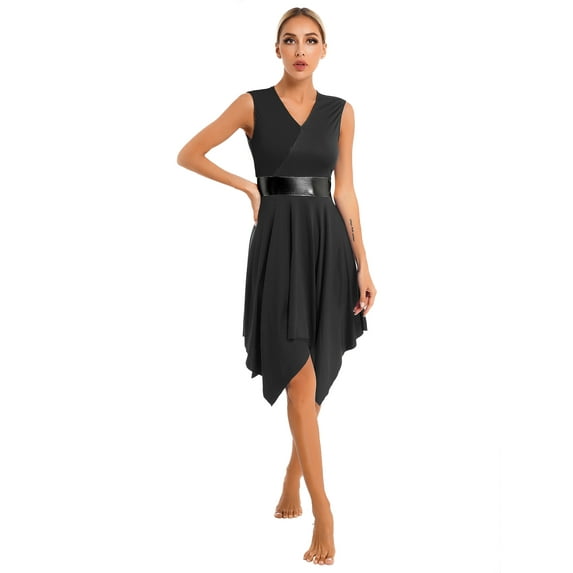 IEFIEL Womens V Neck Metallic Waistline Liturgical Praise Dance Dress Sleeveless Asymmetrical Modern Dance Show Costume Black S
