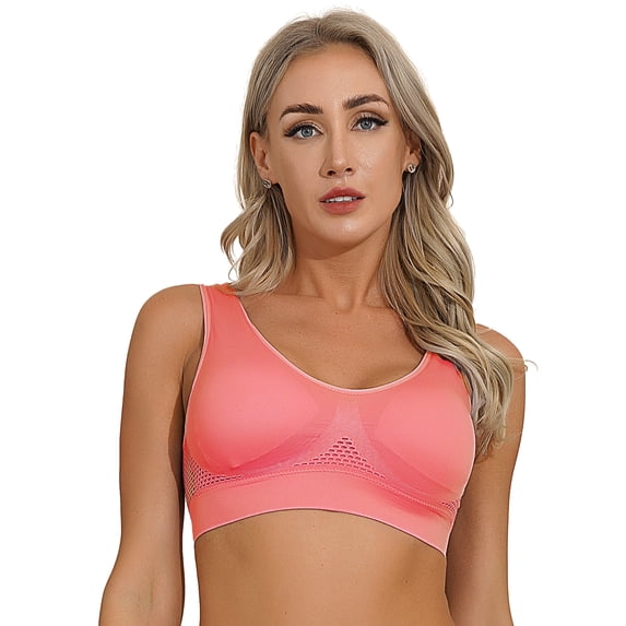 IEFIEL Womens Wide Straps Seamless Sports Bra Bustier Solid Color Jogging Fitness Bra Tops Shimp Red L