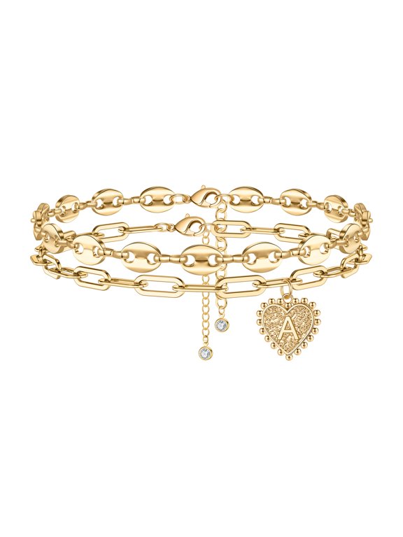 Gold Initial Anklet For Women 14K Gold Plated Layered Handmade Paperclip Chain Ankle Bracelet