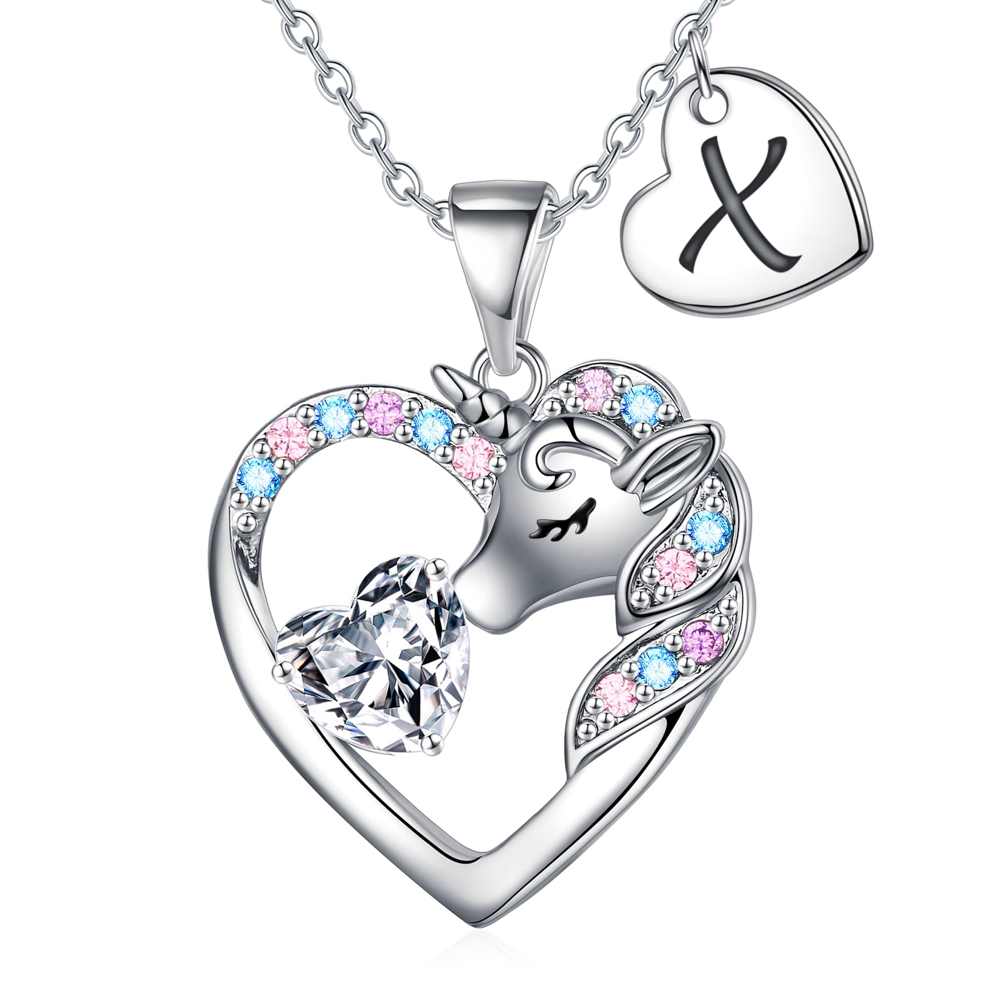 Iefshiny Unicorn Necklace for Girls 14K Gold Plated Colorful CZ Heart Initial Necklace for Girls Daughters Wife Unicorn Jewelry Gifts, Women's, Size