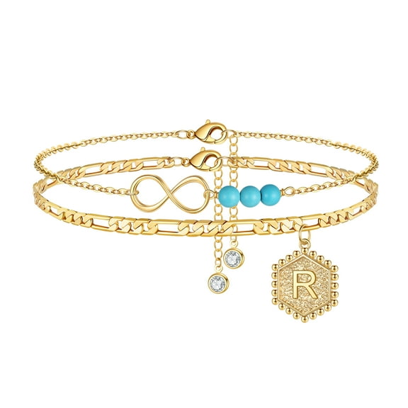 IEFSHINY Initial Bracelet for Women 14K Gold Plated Turquoise Bracelets for Women Teen Girls Ankle Foot Jewelry Gifts