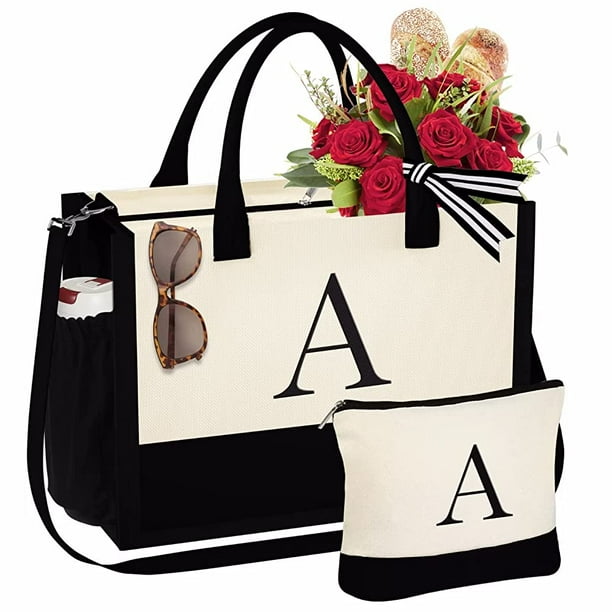 Iefshiny Initial Canvas Tote Bag for Women Girls Makeup Bag with Zipper Adjustable Strap Zipper Personalized Beach Tote Bag for Women Girls Women s