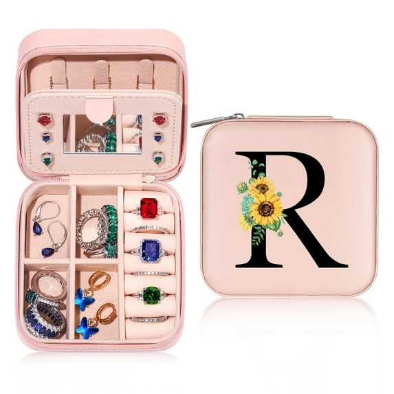IEFSHINY Initial Travel Jewelry Box for Women Girls Portable Waterproof Storage Box Holder for Earrings Rings Necklaces Bracelets Chains for Women Girls Jewelry Gifts