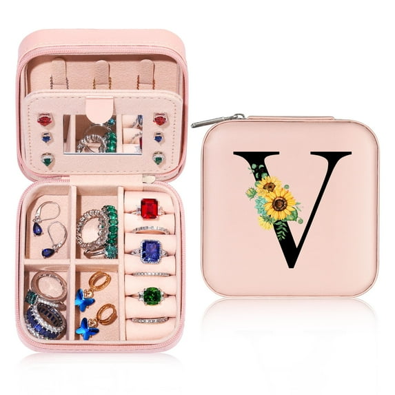 IEFSHINY Initial Travel Jewelry Box for Women Girls Portable Waterproof Storage Box Holder for Earrings Rings Necklaces Bracelets Chains for Women Girls Jewelry Gifts