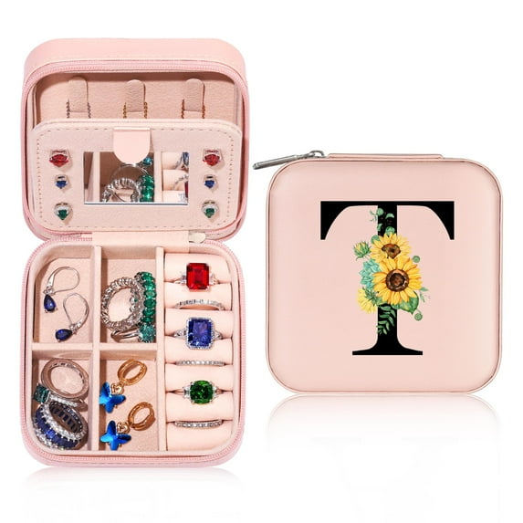 IEFSHINY Initial Travel Jewelry Box for Women Girls Portable Waterproof Storage Box Holder for Earrings Rings Necklaces Bracelets Chains for Women Girls Jewelry Gifts