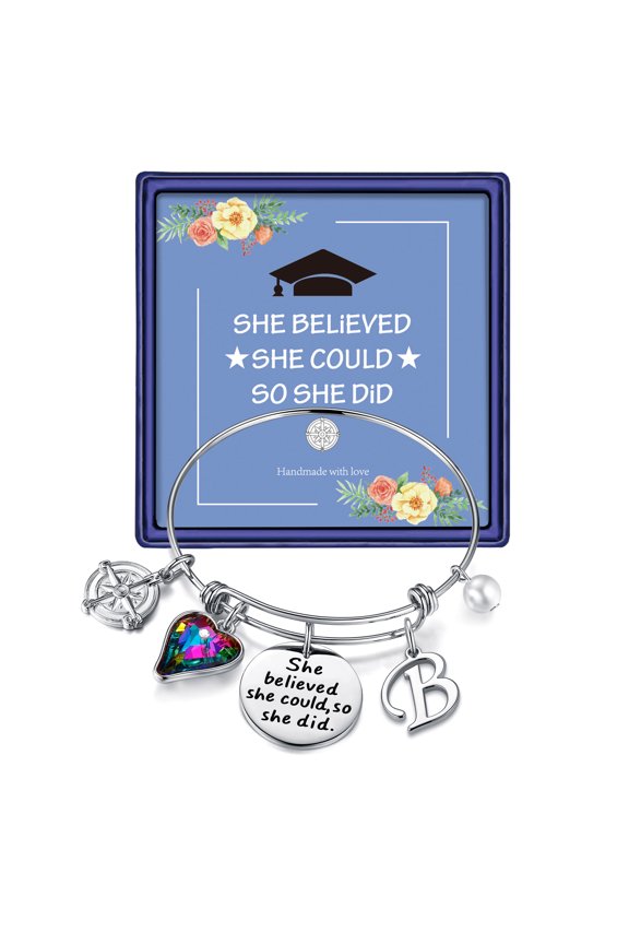 Inspirational Graduation Gifts Compass Initial Bangle Bracelet Mantra Quote Charm Bracelet Graduation Friendship Gifts