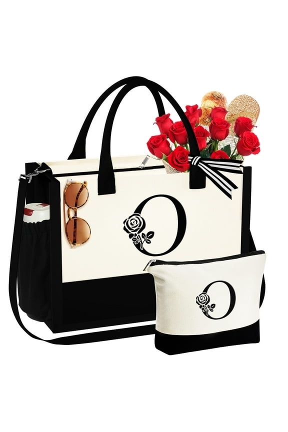 Rose Initial Canvas Tote Bag for Women Girls Portable Makeup Bag Zipper Adjustable Strap Zipper Personalized Tote Bag for Women Girls Birthday Gifts