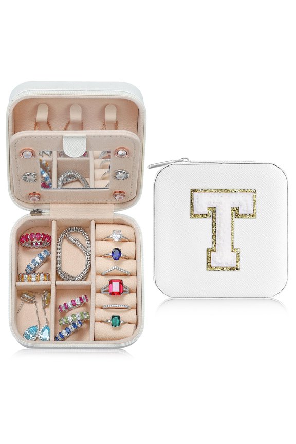 Travel Essentials for Women Girls, Personalised Initial Jewelry Box, White Jewelry Boxes for Womens Fashion Jewelry Holder