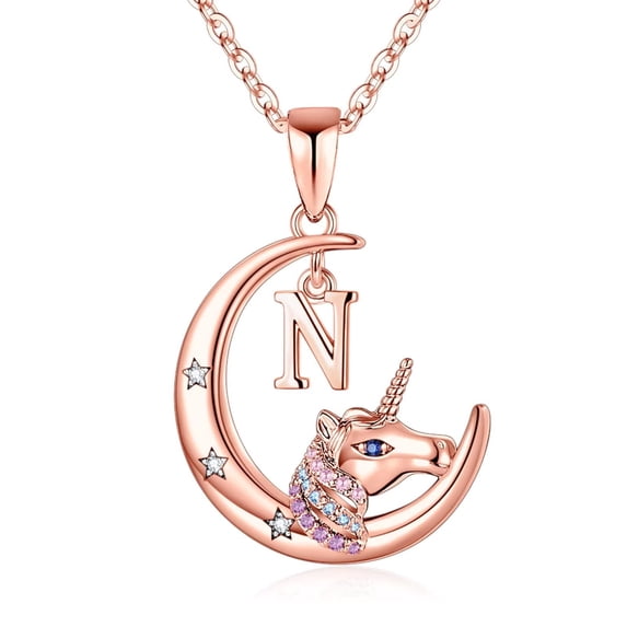 IEFSHINY Unicorns Necklaces for Women 14K Rose Gold Plated Crescent Moon Pendant Initial Necklace for Women Jewelry Gifts