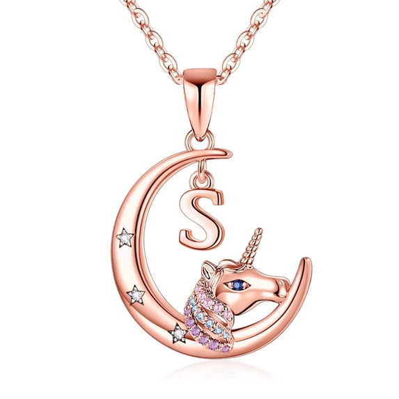 IEFSHINY Unicorns Necklaces for Women 14K Rose Gold Plated Crescent Moon Pendant Initial Necklace for Women Jewelry Gifts
