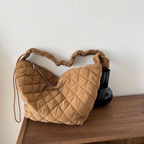 IELGY Korean version pleated cloud bag, rhombus embroidery thread shoulder dumpling bag, casual large-capacity messenger bag