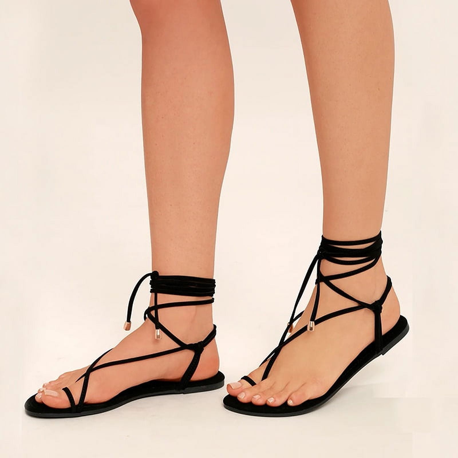 IELGY Lace up Sandals Large size Toe Ring Wrapped Flat Roman
