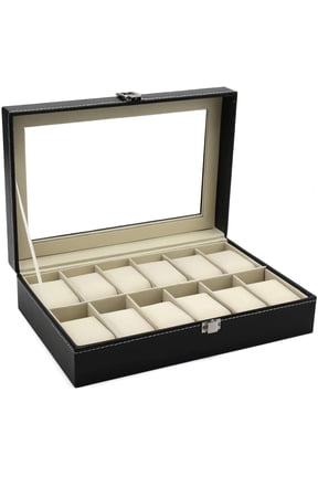 12 Slot Leather Watch Box Display Case Organizer with Framed Glass Lid Elegant Contrast and Removable Pillow for Men and Women Watch and Jewelry Large Holder Boxes