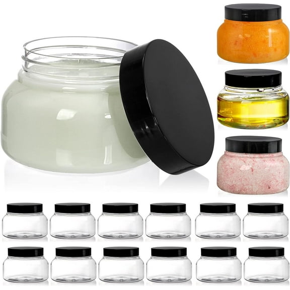 IEMIEBSHA 16 Pack 8 Oz Plastic Jars with Lids, Clear Body Scrub Jars Empty Refillable Containers Round Low Profile Samples Jars for Makeup, Body Butter, Creams, Slime, Travel Storage