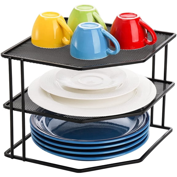 3-Tier Cabinet Corner Shelf, 9x9x7.5 Inches Metal Wire Plate Rack Kitchen Counter Corner Organizer for Cups, Dishes, Cupboard, Pantry, Black Elegant Finish