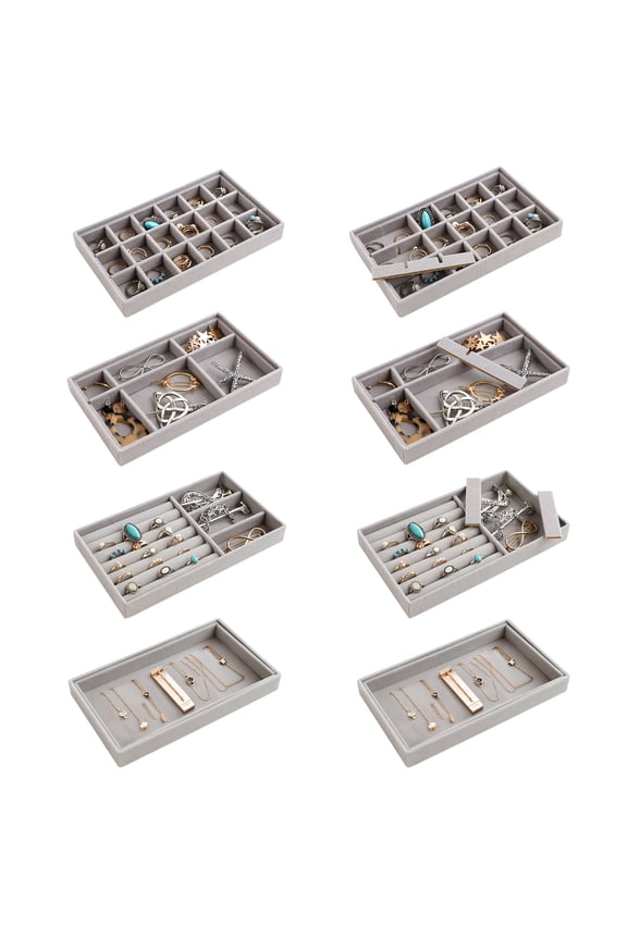 8 Pack Velvet Jewelry Trays Organizer, Stackable Jewelry Display Case Drawer Inserts Tray for Earring, Ring, Necklace, Bracelet, Brooch, Watch, Multi-slot Design, 8.3x5x1 Inch