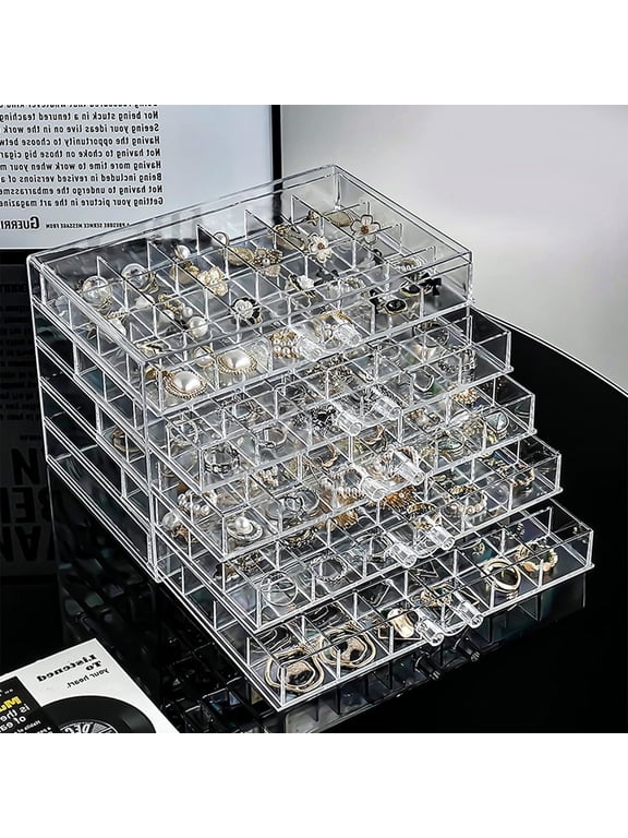 Acrylic Jewelry Storage Box Earring Holder with 5 Drawers, 120 Grids Jewelry Organizer Tray Clear Ring Display Case for Beads, Nail Tips, Women Girls, Birthday Gift