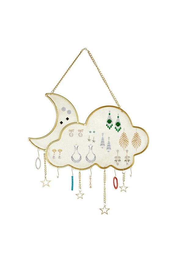 Earring Wall Holder, Wall Mounted Earring Holder with 6 Hooks, Hanging Jewelry Organizer Decorative Moon Cloud Grid Shape Display Stand for Earrings Necklace Bracelet Stud Earring