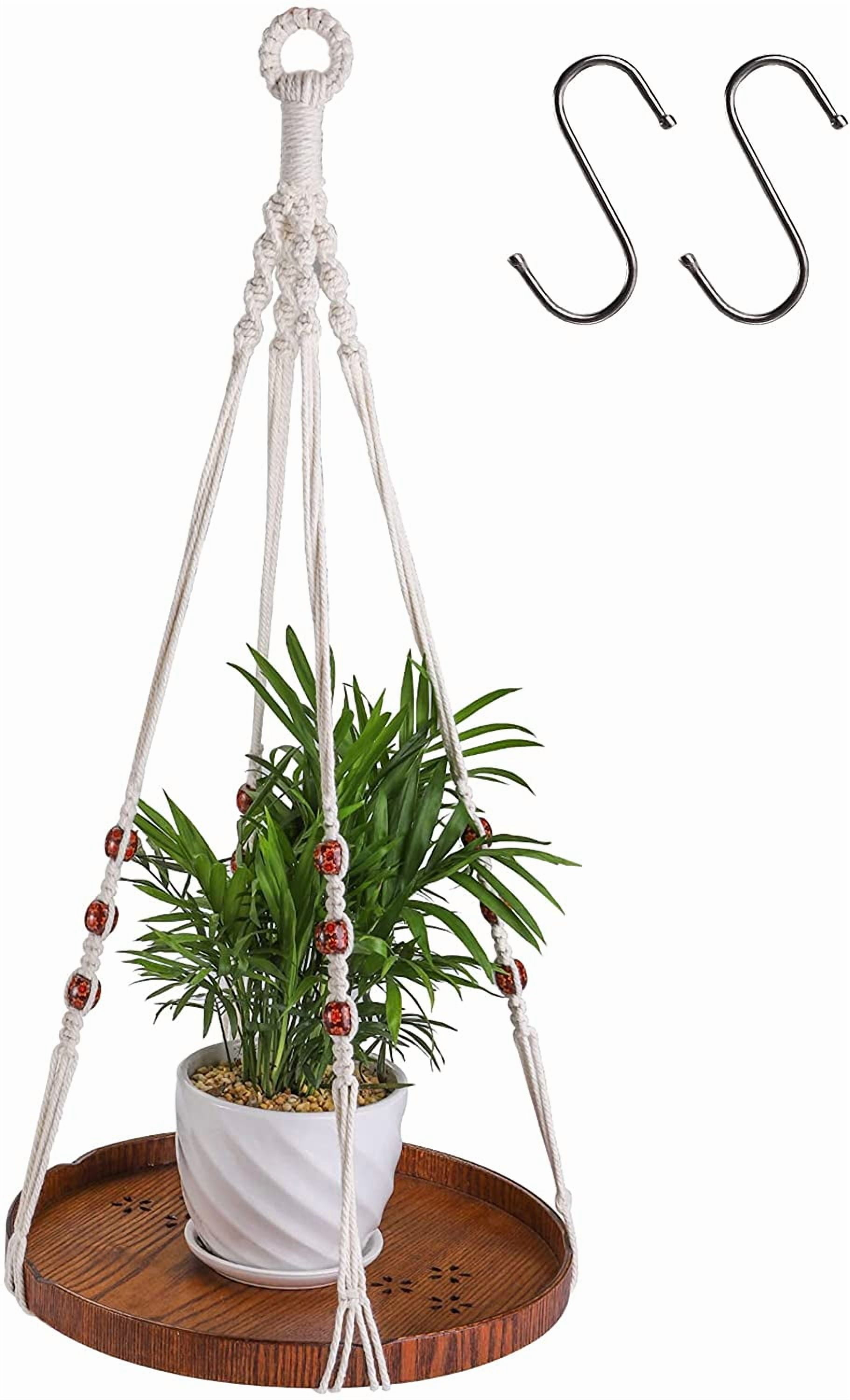 IEMIEBSHA Macrame Plant Hanger with 2 Pack Ceiling Hooks, Indoor Outdoor Hanging Plant Holder with Large Tray for Succulents, Cacti, Small Plants, Boho Bohemian Home Decor with Wood Beads