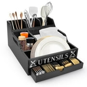 Paper Plate Dispenser Countertop, Paper Plate Holder for Kitchen Counter, Cutlery Flatware Organizer with Drawer, Silverware Utensil Caddy for Cups Spoons Forks Plates Napkins Kitchen Accessories