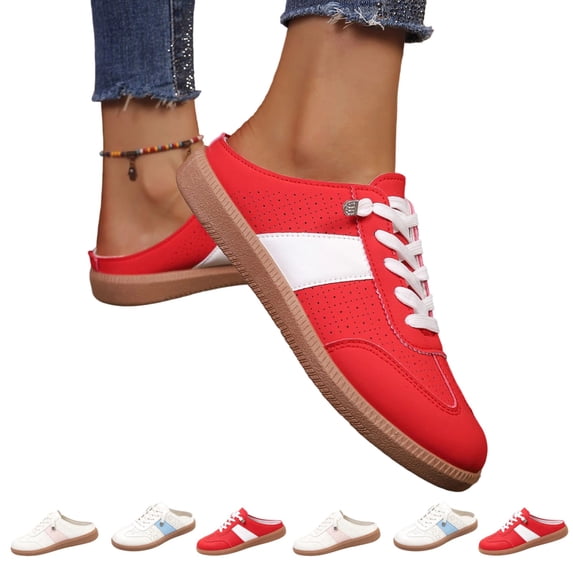 IEMIEMIEM Backless Trainers for Women Slip-On Mule Sneakers Breathable Open Back Lace-Up Casual Walking Shoes Retro Tennis Shoes 8 wide